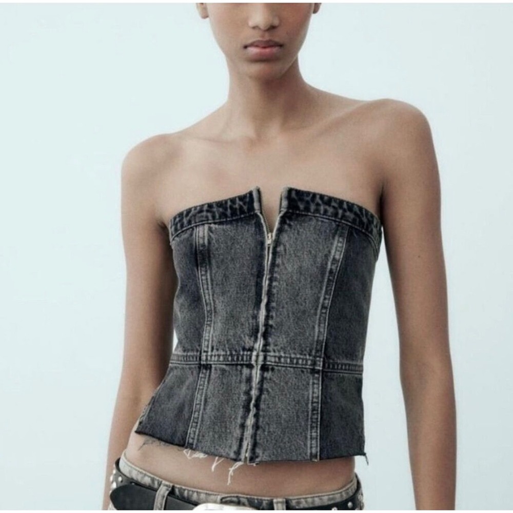 Zara Denim Tube Top Strapless Zip Front Corset Smocked Back Gray Small